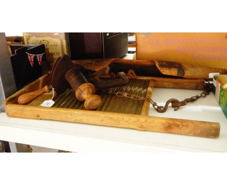 Wooden yoke with metal mounts, a metal 'Magic Marmalade Cutter' and a pine washboard (3) 