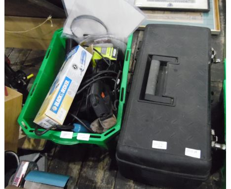 Large plastic toolbox containing many tools and a box of various electric drills and parts (2) 