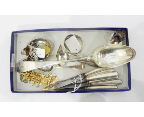 Silver baby's food pusher and spoon set, a set of six silver handled fruit knives, with steel blades, a silver bowl from a pu