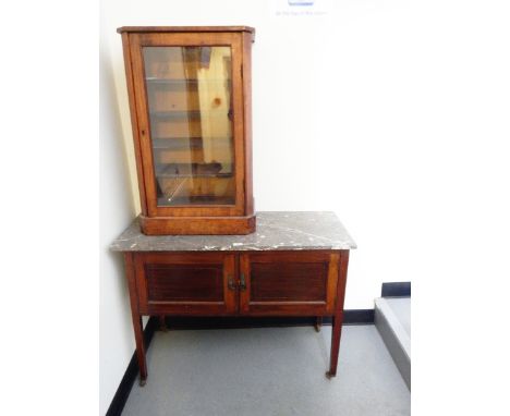 Edwardian inlaid mahogany washstand having variegated grey and white marble top, on square tapering supports and a Victorian 