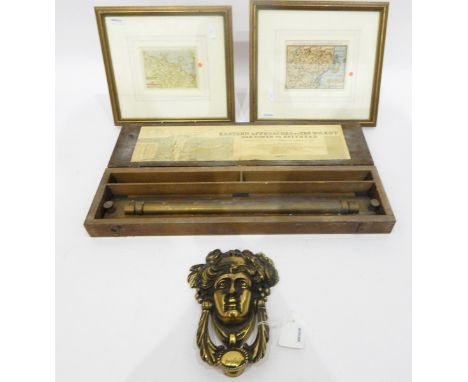 Two hand-coloured maps of Siena and surrounding Tuscany, a brass door knocker modelled as a lady's head and a brass parallel 