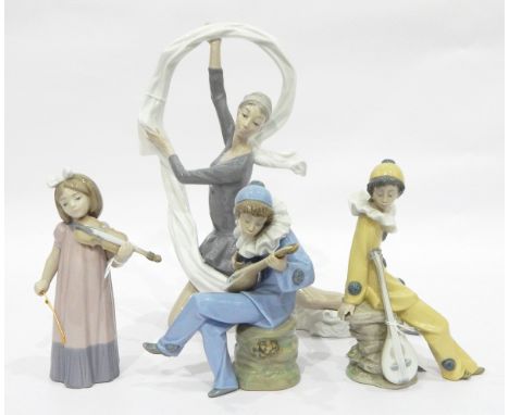 Quantity of Nao by Lladro porcelain figure groups to include young girl playing violin, two clowns playing lute and a dancer 