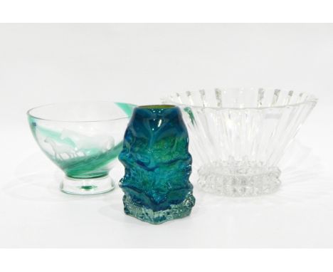 Caithness glass bowl of circular pedestal form with a green and clear glass bowl etched with horses, a Whitefriars-style gree