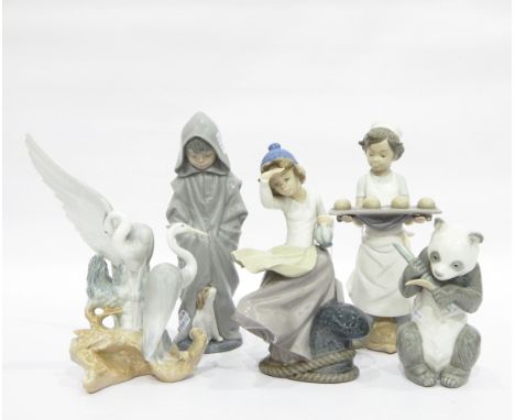 Collection of Nao by Lladro porcelain models to include panda, girl looking out to sea, baker boy, boy in cape with dog and c