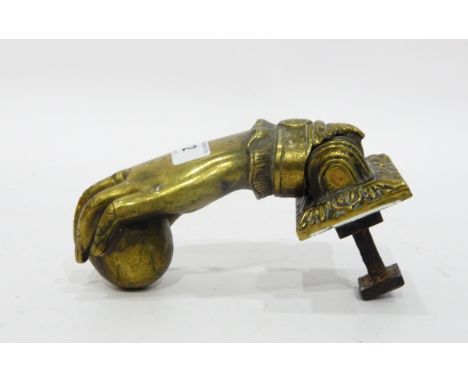 Victorian brass door knocker modelled as a lady's hand with lace cuff and bracelet, 13cm long approx. 