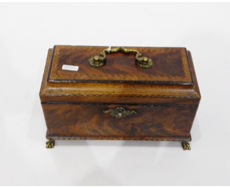 Georgian mahogany tea caddy of rectangular form with ebony and boxwood chevron stringing and cross-banding, the interior fitt