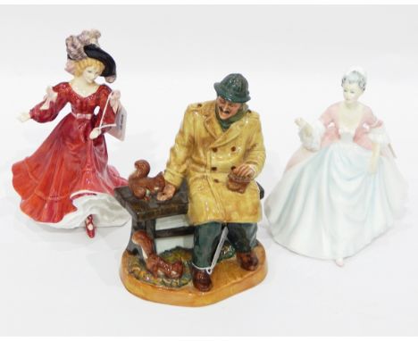 Royal Doulton model of gentleman sitting on a bench with squirrels 'Lunchtime' HN2485, 20cm high and two further Royal Doulto