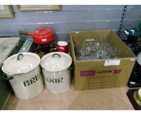 Two vintage enamel storage bins marked 'bread' and 'flour', a metal trunk marked 'Captain W M Dutton', a fondue set, a radio,