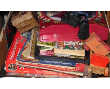 Large quantity of vintage puzzles and toys a metal scooter, a firescreen and a quantity of 78rpm gramophone records 