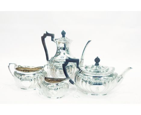 Victorian four-piece silver teaset by Aitkin Bros, London 1890 (the teapot 1892), comprising teapot, hot water jug, sugar bow