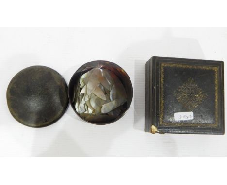 Circular tortoiseshell jar and cover and contents of engraved mother-of-pearl quadrille gaming counters and a square leather 