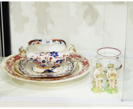 Two late 18th century porcelain tea bowls, an early transfer-printed and Sunderland cluster teacup (damaged), a Victorian pot