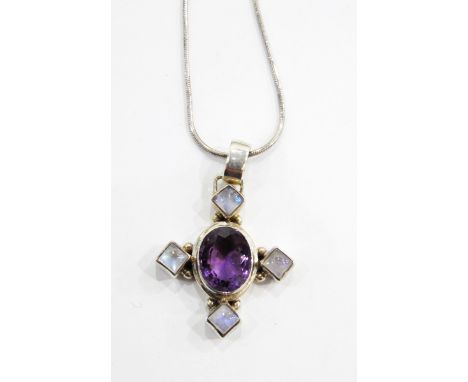 Modern silver-coloured pendant with central oval mixed cut amethyst surrounded by four square moonstone cabochons, on Italian