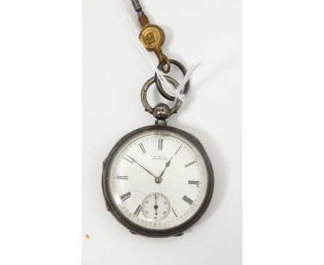 Silver cased open faced Waltham pocket watch with enamel dial and subsidiary seconds dial in a case engraved with union flowe