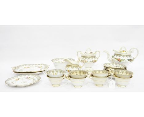 19th century porcelain Rockingham-style teaset with fish scale lozenge pattern to floral painted and seaweed gilt frieze deco