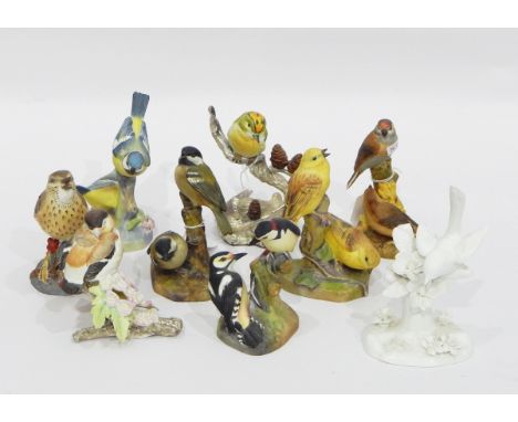 Collection of tinted bisque Royal Worcester models of birds and a Staffordshire bone china blanc de chine model of wren on br