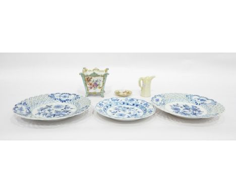 A plate with pierced basket weave rim, a smaller Meissen plate, a Dresden porcelain small cache pot, a Royal Worcester leaf-m