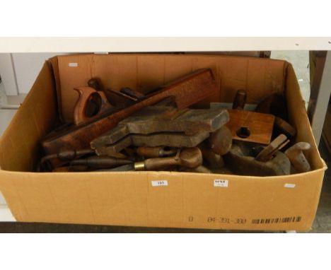 Quantity of woodworking tools including a large plane with blade by I Sorby, various other planes, clamps, handles, chisels, 