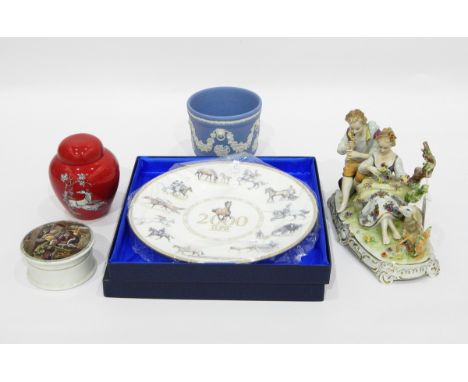 Unter Weiss Bach porcelain figure group of young girl and boy playing pan pipes by sheep with leaf and flower encrusted decor