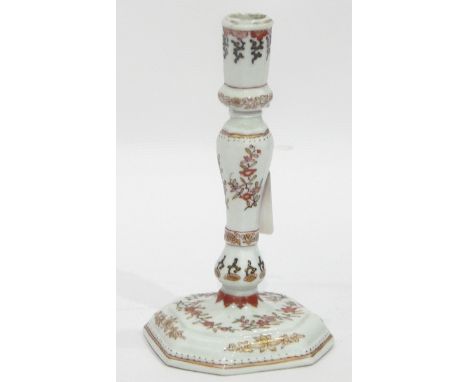 18th century-style porcelain baluster-shaped candlestick, possibly Samson, with puce, black and gilt floral decoration, 20cm 