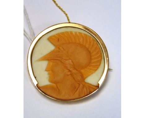 9ct gold and porcelain cameo portrait brooch, in the form of a Roman centurion's head, circular, 4cm diameter