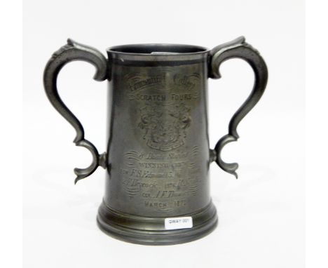 Victorian two-handled pewter mug of rowing interest, commemorating the Emmanuel College Scratch Fours, March 1870, with the c