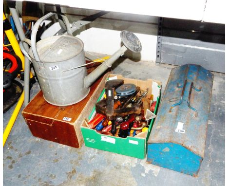 Collection of tools, shoe last, galvanized watering can, etc 