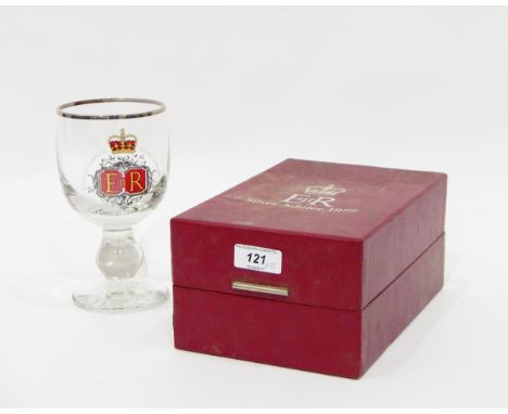 Boxed Silver Jubilee goblet with enamel and engraved decorations, Queen Elizabeth Silver Jubilee 1977, a pair of cut glass fi