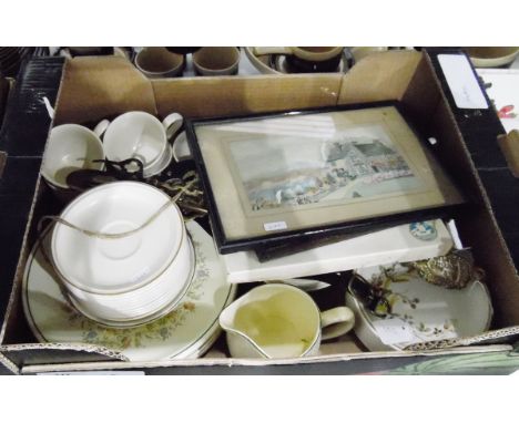 BHS part dinner service 'Country Garland', assorted collectables, three horse brasses on a leather strap and a brass fire pok