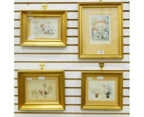 E Dermitzel Watercolour drawingsNursery pictures (possibly illustrations), all signed in pencil, one a small boy riding a cat