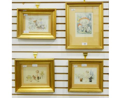 E Dermitzel Watercolour drawingsNursery pictures (possibly illustrations), all signed in pencil, one a small boy riding a cat