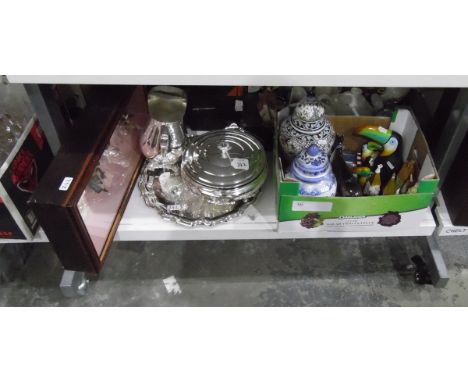 Assorted ceramics, models of toucans, silver plated serving dish with pyrex liner, a silver plated ewer, a silver plated tray