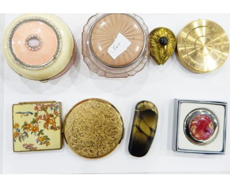 Stratton compact, a Jacquelle compact, various other compacts, dressing table jars, evening bags, an Indian metal belt buckle