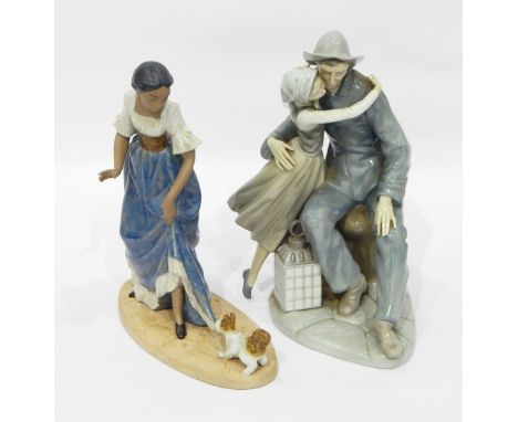 Lladro figure group of sailor saying goodbye to girl, seated by lantern, 30cm high and a Nao tinted bisque model of girl with