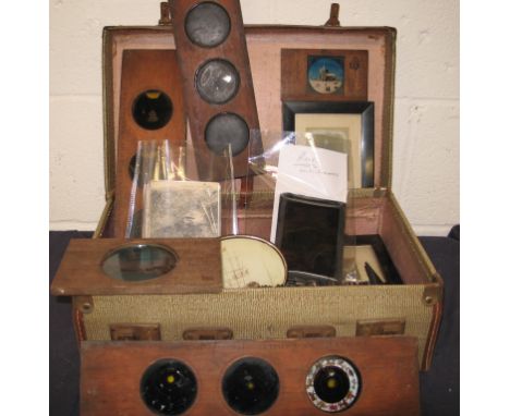 PHOTOGRAPHY: a small suitcase of magic lantern slides, some in wooden frames, four small framed photos, two Pathescope miniat