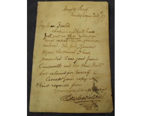 DICKENS: manuscript letter in brown ink on card backing from Charles Dickens in Doughty Street to Forster, 1837, possibly a f