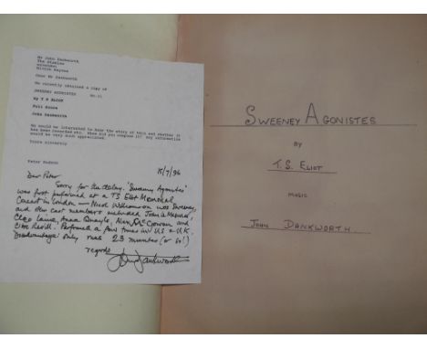 [MUSIC etc.] ELIOT (T. S.) &amp; music by DANKWORTH (John) Sweeney Agonistes, large folio facsimile score, bound in cloth / b