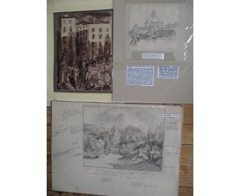[SKETCH] 3 sketches of cityscapes in pencil, pen and ink, inc. original Frank Lewis pencil sketch of The Admiralty in Amsterd