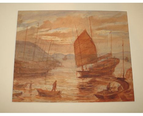 HONG KONG: an original watercolour sketch of Chinese junks in Aberdeen Harbour by Capt. Ralph Binney, R.N., June 1929, mounte