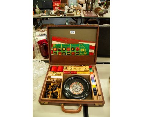 VINTAGE GAMES COMPENDIUM IN ATTACHÉ TYPE BROWN FAUX LEATHER CASE, roulette, cribbage, dominoes, back gammon etc, the chess se