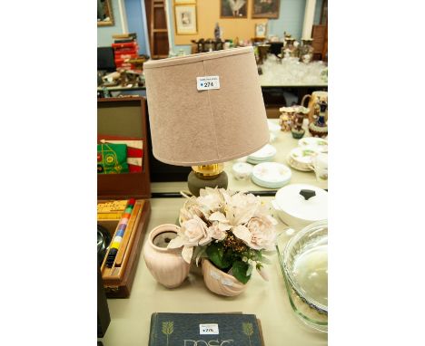 TABLE LAMP AND SHADE AND TWO VASES OF WHITE SILK ROSES