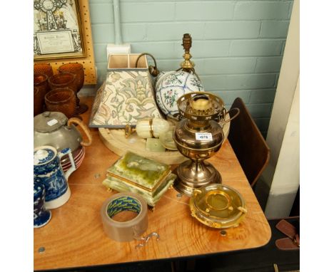 AN IVOREX OR IVORINE CIRCULAR MOULDED RESIN PLAQUE, FIVE PIECES OF GILT METAL GREEN ONYX, COMPRISING TABLE CIGARETTE BOX, TAB