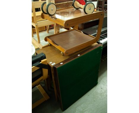 A MODERN DROP-LEAF TABLE, A TWO TIER MODERN COFFEE TROLLEY ON CASTORS AND A FOLDAWAY CARD TABLE (3) 