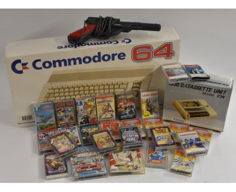 Vintage Computing - a Commadore 64  personal computer, 1530 C2N cassette unit,  Defender 64 light gun, qty games inc Paperboy