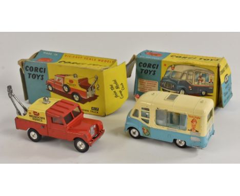 Corgi Toys - : 417 Land-Rover Breakdown Truck, red body, yellow tinplate canopy, flat spun wheel hubs another 428 Smiths Mist