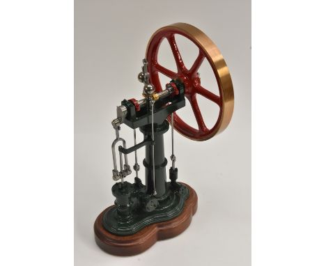 A scratch built exhibition standard steam/air powered Benson Vertical over crank steam engine, green and red body, wooden bas