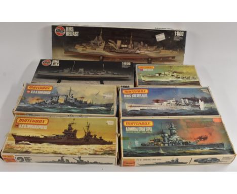 Model Kits - Airfix 1:1600 scale 9 03204 HMS Ajax, 9-04212 HMS Belfast;  Matchbox 1:1700 scale, PK 64 HMS Kelly, PK-161 Graf 