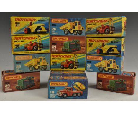 Matchbox Superfast &amp; 75 - three Cement Trucks no.19, boxed &amp;  in original manufacturers cellophane, three Site Dumper
