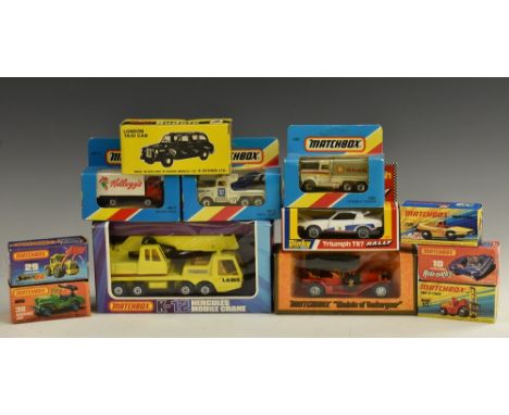 Diecast vehicles - Budgie toys 101 London Taxi Cab;  Dinky Toys 207 Triumph TR7 Rally ;  Matchbox 75s 29 Tractor Shovel, 38 A