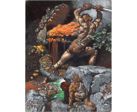 Rothaug, Alexander -- "Siegfried tötet Fafner"Gouache auf Malpappe. 35 x 27,2 cm.Unten links mit Pinsel in Braun signiert "AL